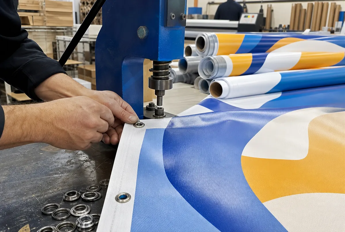 Bannerkonfektion in der Druckerei: Hände setzen Metallösen in den Saum eines blau-gelben Wellenbanners