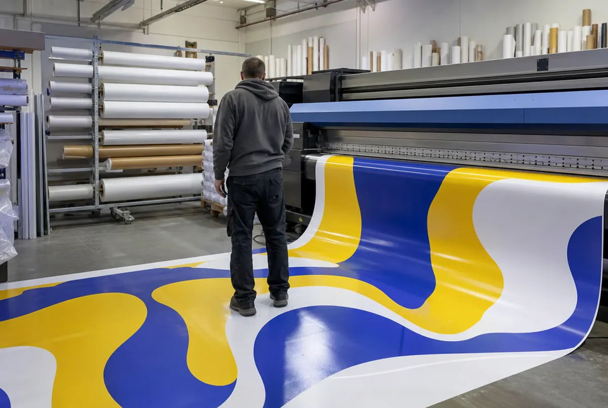 Ein Rollendrucker gibt ein langes Banner in blau-gelb-weißen Wellen aus, der Bediener prüft den Druck