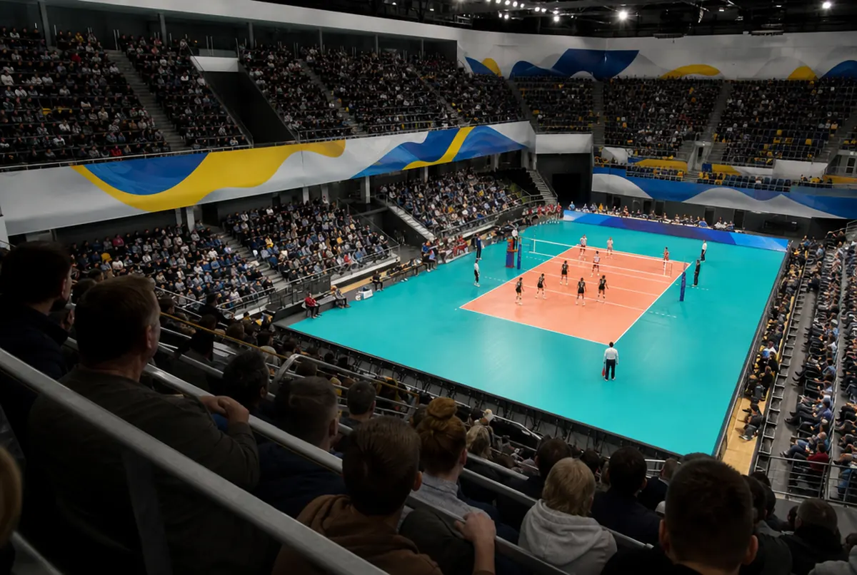 Abendspiel aus der oberen Tribünenecke: Banner in blau-gelb-weißen Wellen an den beleuchteten Geländern