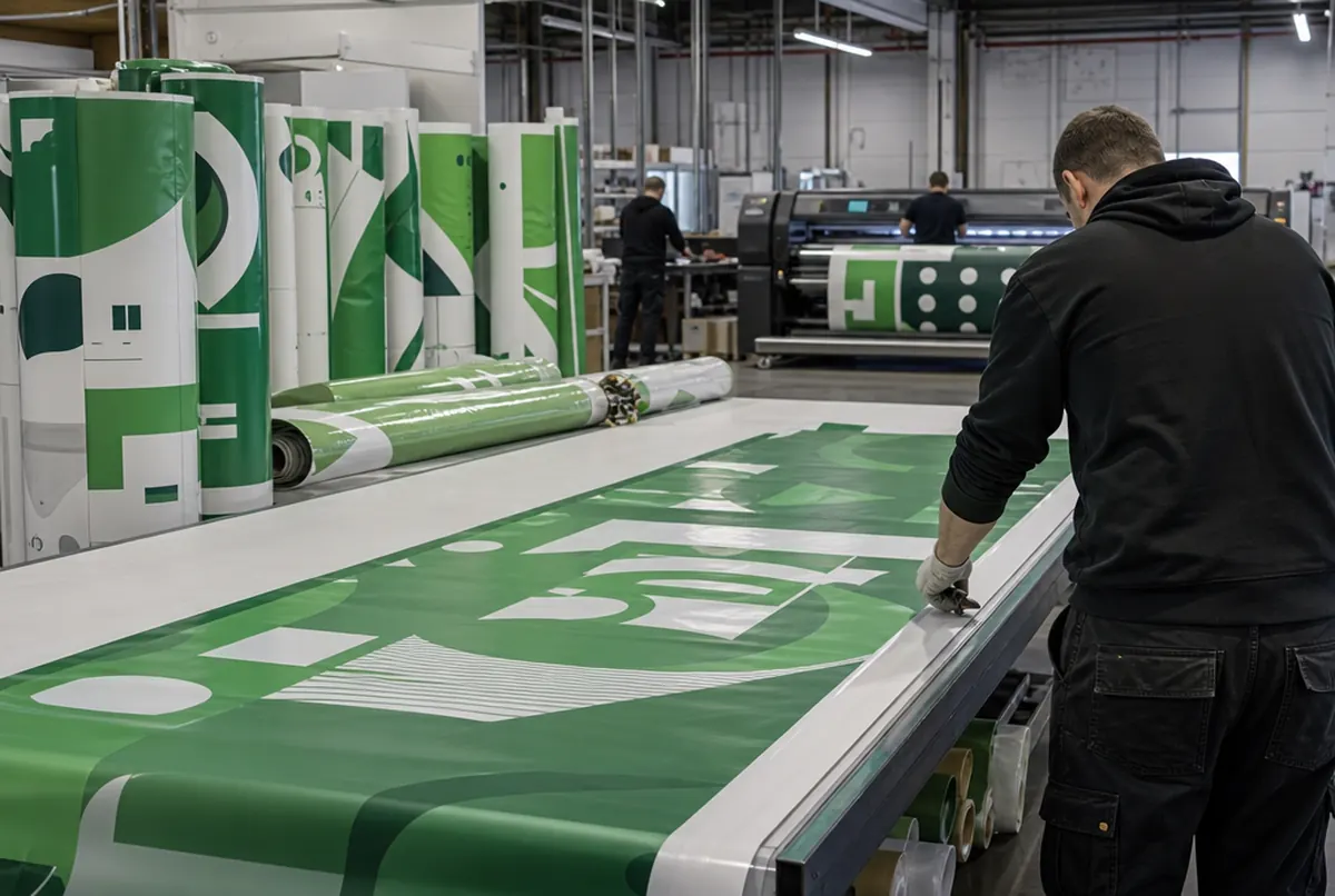 Produktionshalle einer Druckerei: Mitarbeiter schneidet ein langes grün-weißes PVC-Banner zu, dahinter ein Plotter