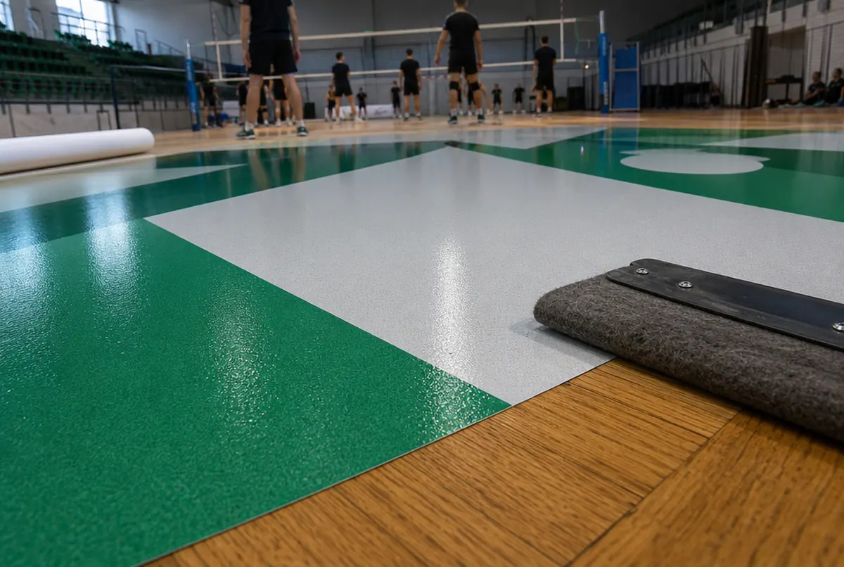 Nahaufnahme eines grün-weißen Bodenaufklebers mit Antirutschlaminat auf dem Hallenparkett, daneben ein Filzrakel
