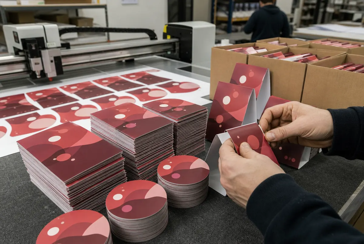 Druckweiterverarbeitung: Stapel roter gestanzter Tischaufsteller und Untersetzer, von Hand gefalzt