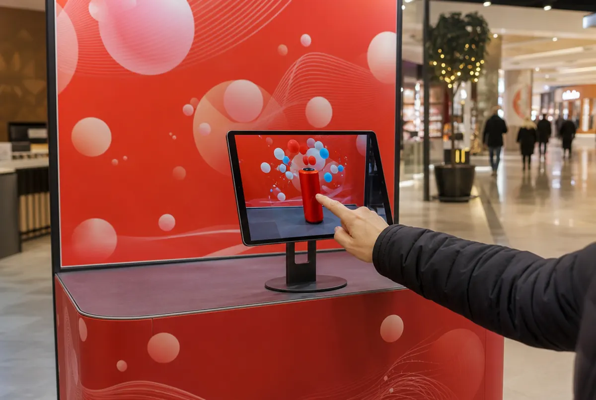 Promotionsstand im Einkaufszentrum: Tablet zeigt bunte Augmented-Reality-Blasen über einer neutralen Dose