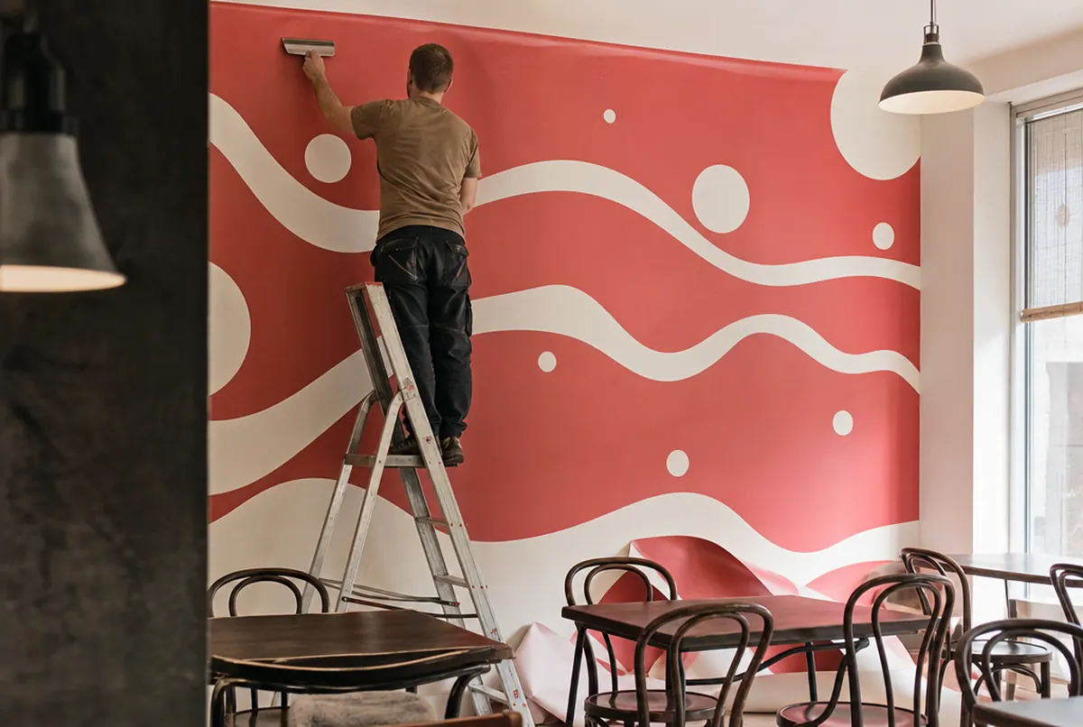 Café vor der Öffnung: ein Monteur auf der Trittleiter klebt ein rotes Wandbild mit weißen Wellen und Blasen