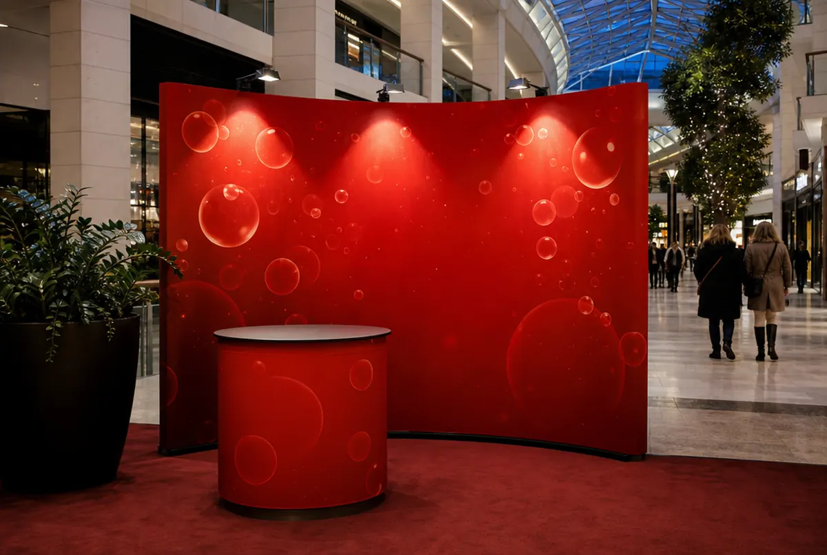 Promotionsstand im Einkaufszentrum am Abend: gebogene rote Rückwand mit transparenten Blasen und runder Theke