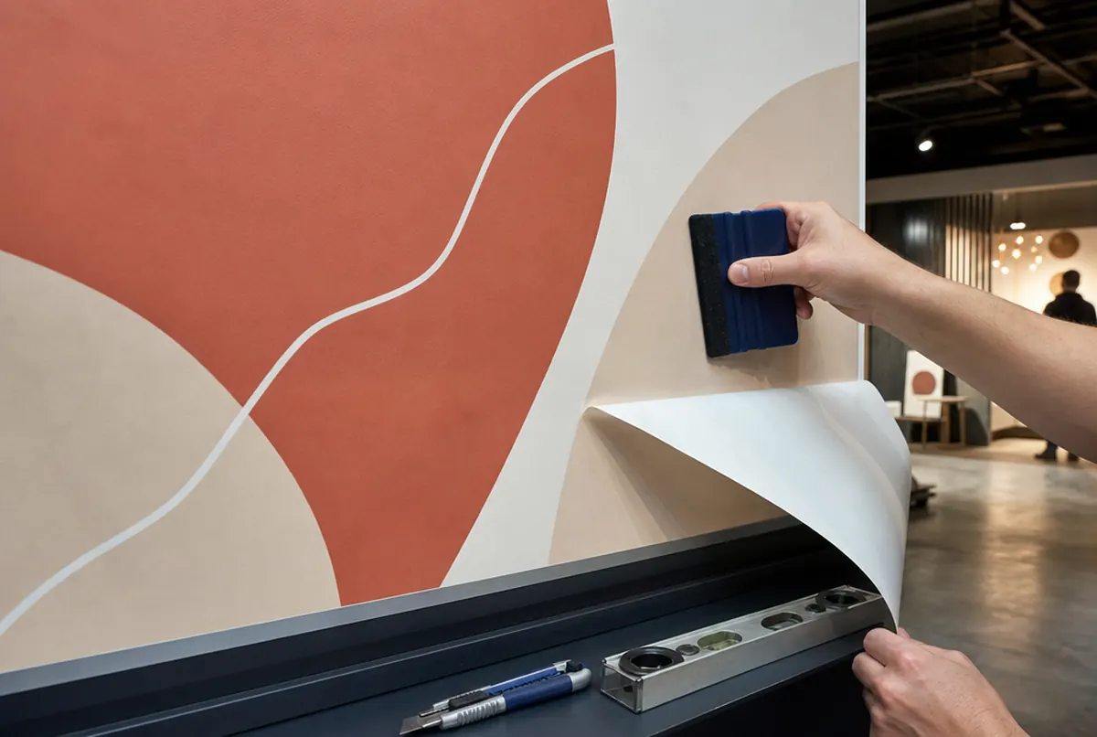 Hände kleben mit dem Rakel selbstklebende Folie mit Terrakotta- und Beigeformen auf eine Ausstellungswand