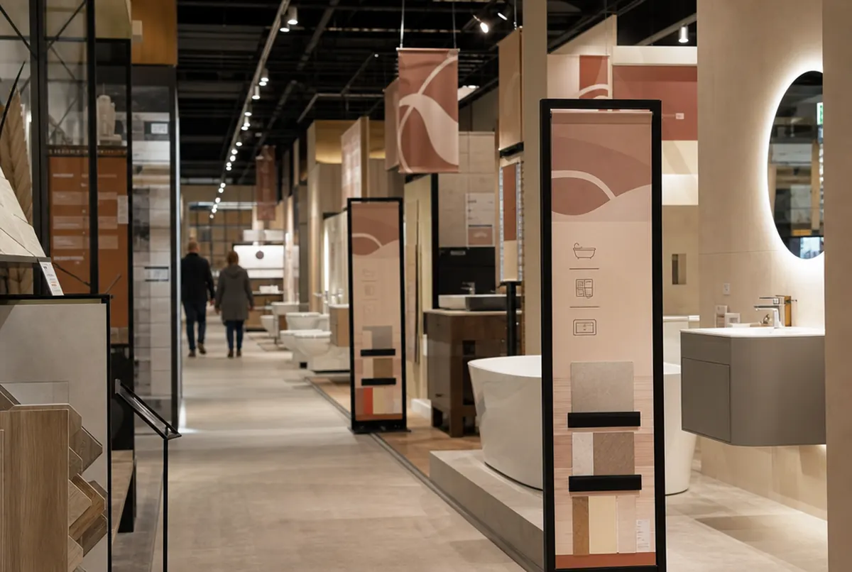 Ausstellungsgang: Infoständer und abgehängte Paneele in Terrakotta und Beige mit Fliesenmustern