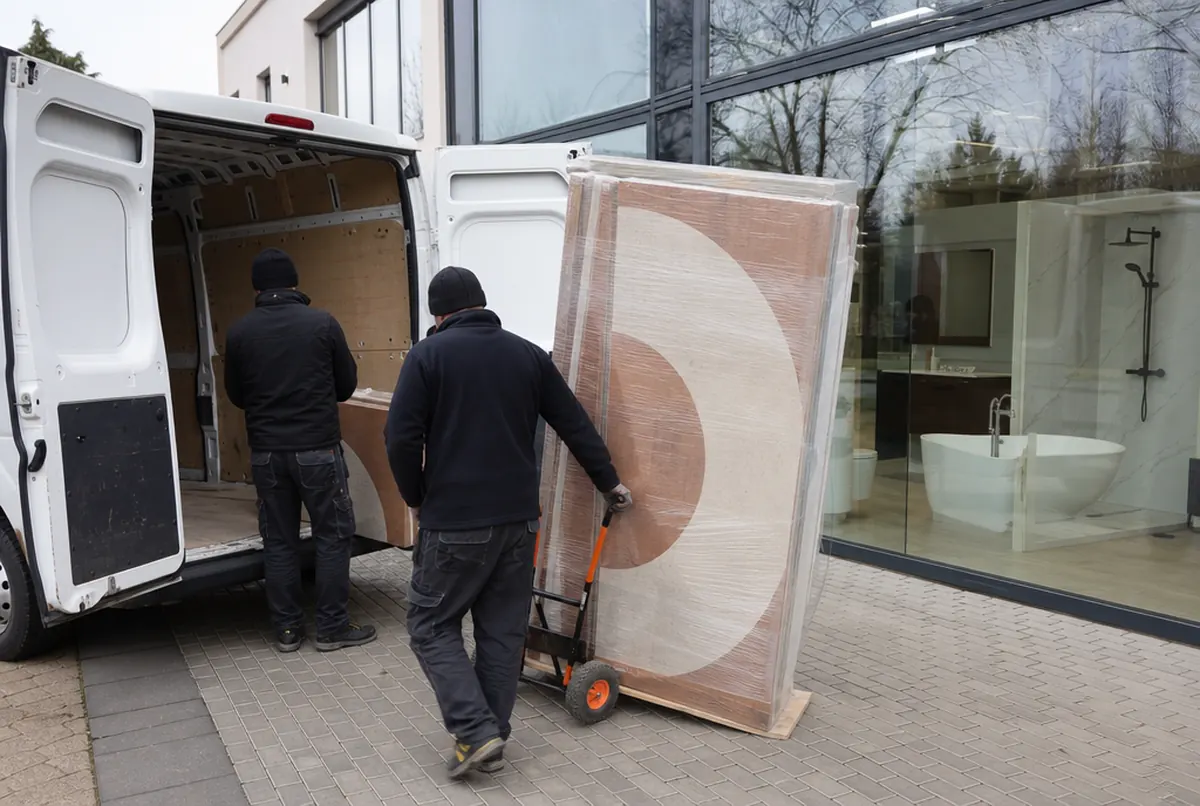 Lieferung am Badstudio: zwei Mitarbeiter entladen folierte Paneele mit Terrakotta-Druck aus einem Transporter