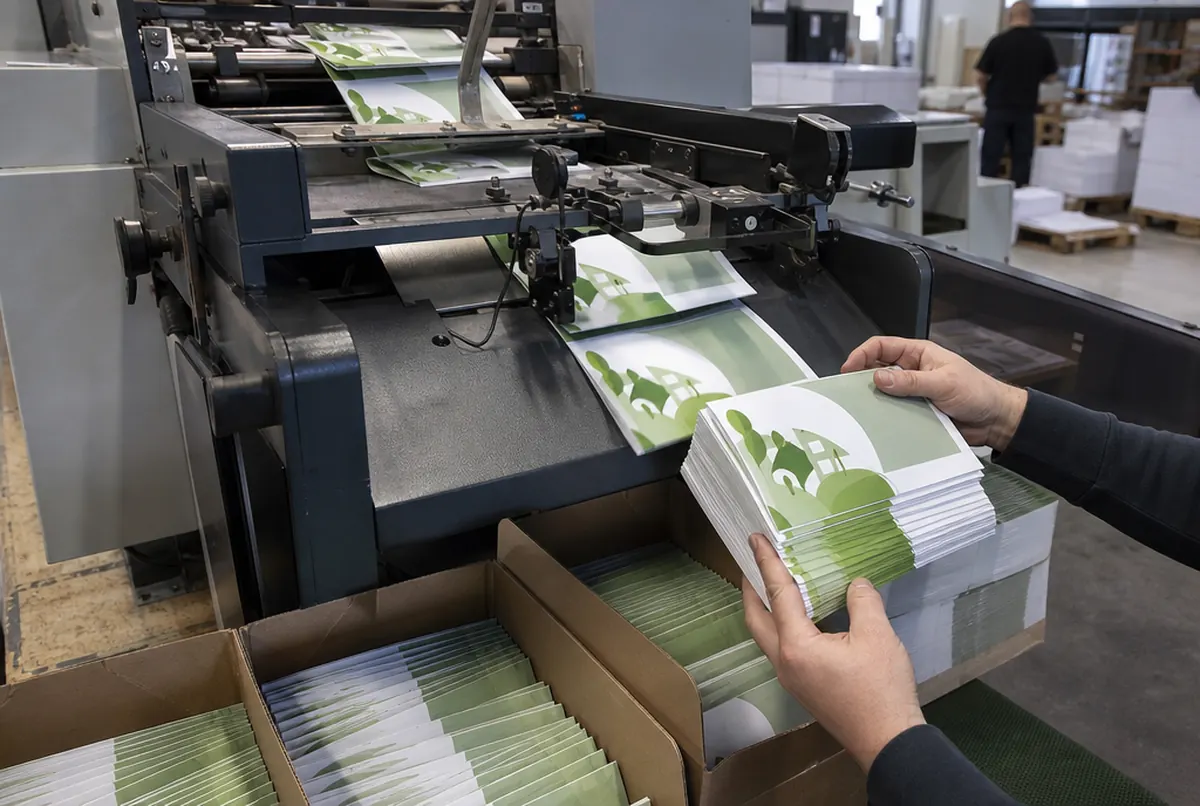 Falzmaschine liefert grün-weiße Flyer mit Hauspiktogramm, Hände nehmen einen sauberen Stapel ab