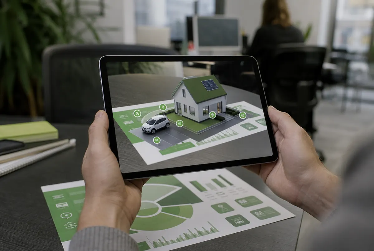 Ein Tablet über einem grünen Flyer zeigt ein 3D-Modell von Haus und Auto in Augmented Reality