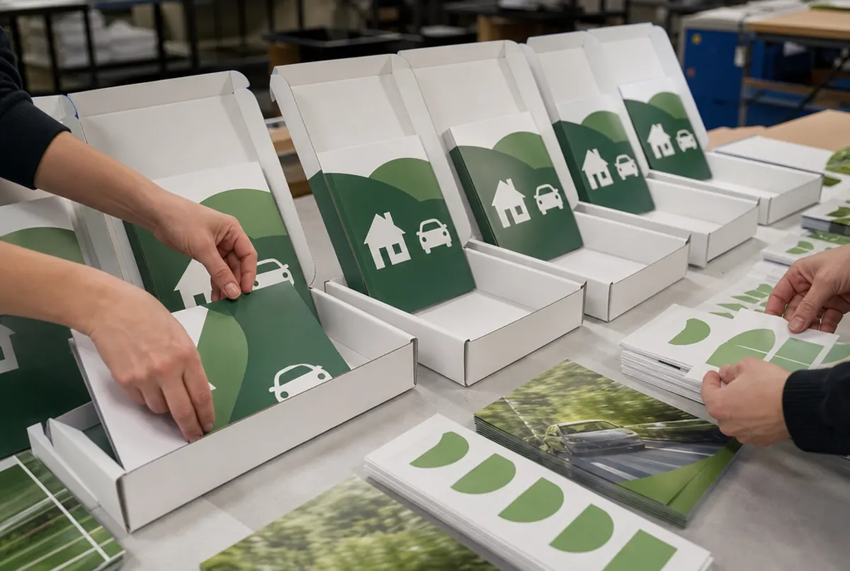 Konfektionierung von Agentensets: grüne Mappen mit Haus- und Auto-Piktogrammen und Sticker in weißen Kartons