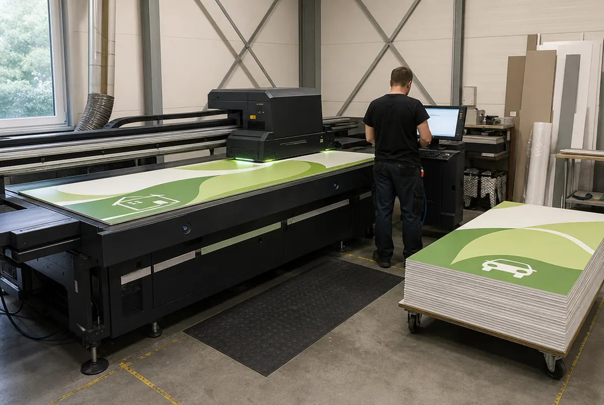 Ein UV-Drucker druckt grün-weiße Wandpaneele mit Wellen und Haus-Piktogramm, fertige Platten auf einem Wagen