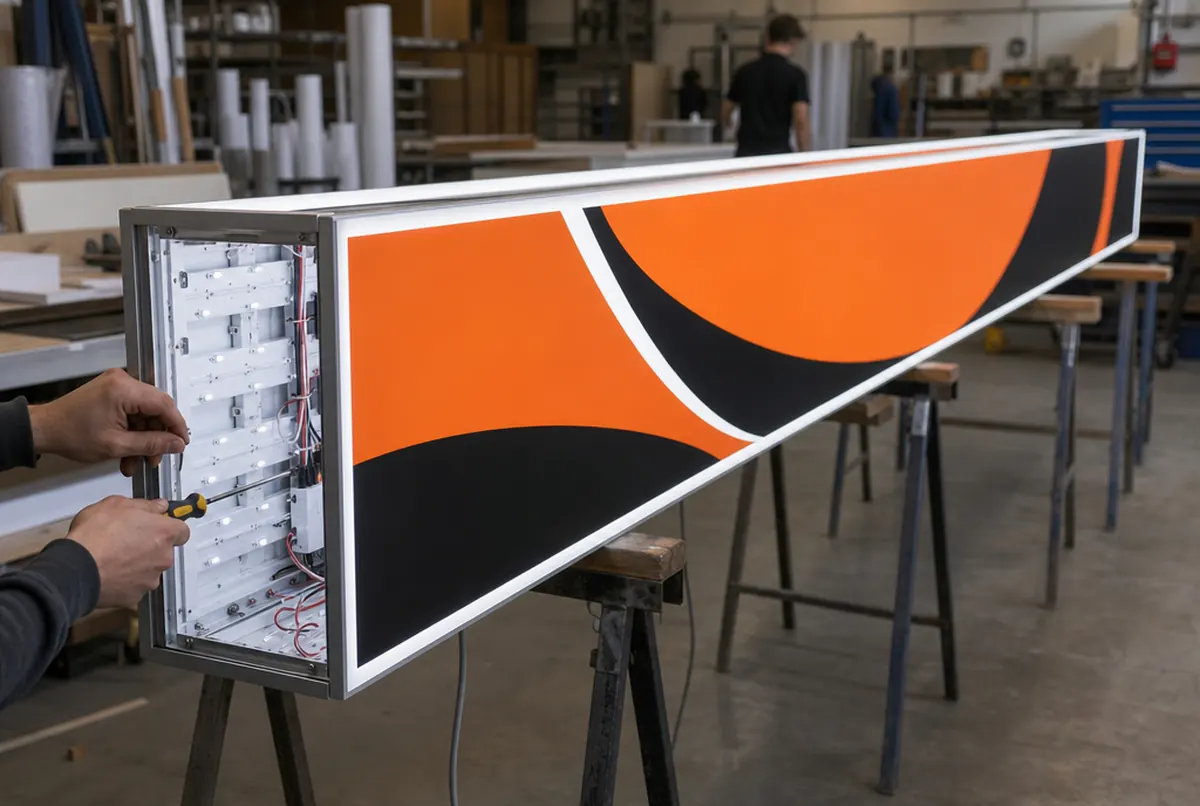 Montage eines langen Blendenleuchtkastens mit orange-schwarzer Front, LED-Module und Verkabelung sichtbar