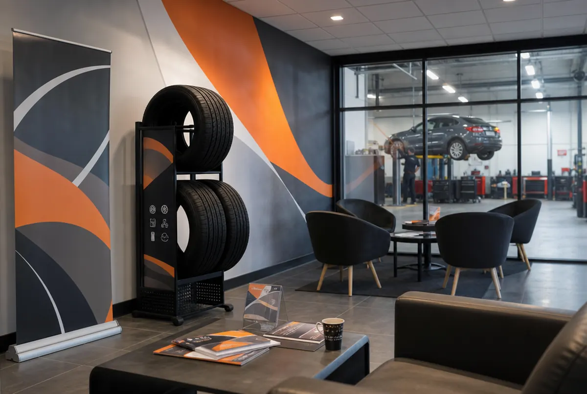 Wartebereich eines Reifenservice: orange-grafitfarbene Wandgrafik, Reifendisplay und Roll-up