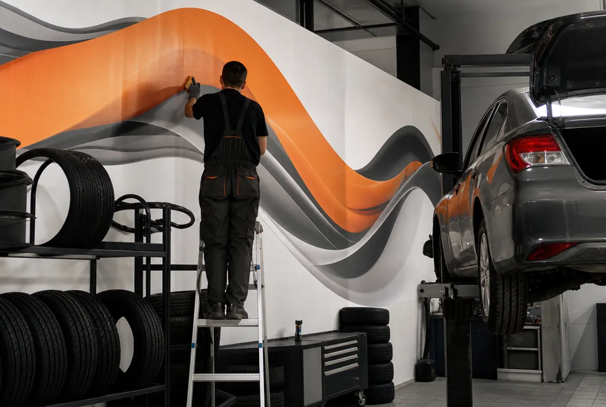Reifenwerkstatt: ein Monteur auf der Leiter klebt eine große Wandgrafik in orange-grafitgrauen Wellen
