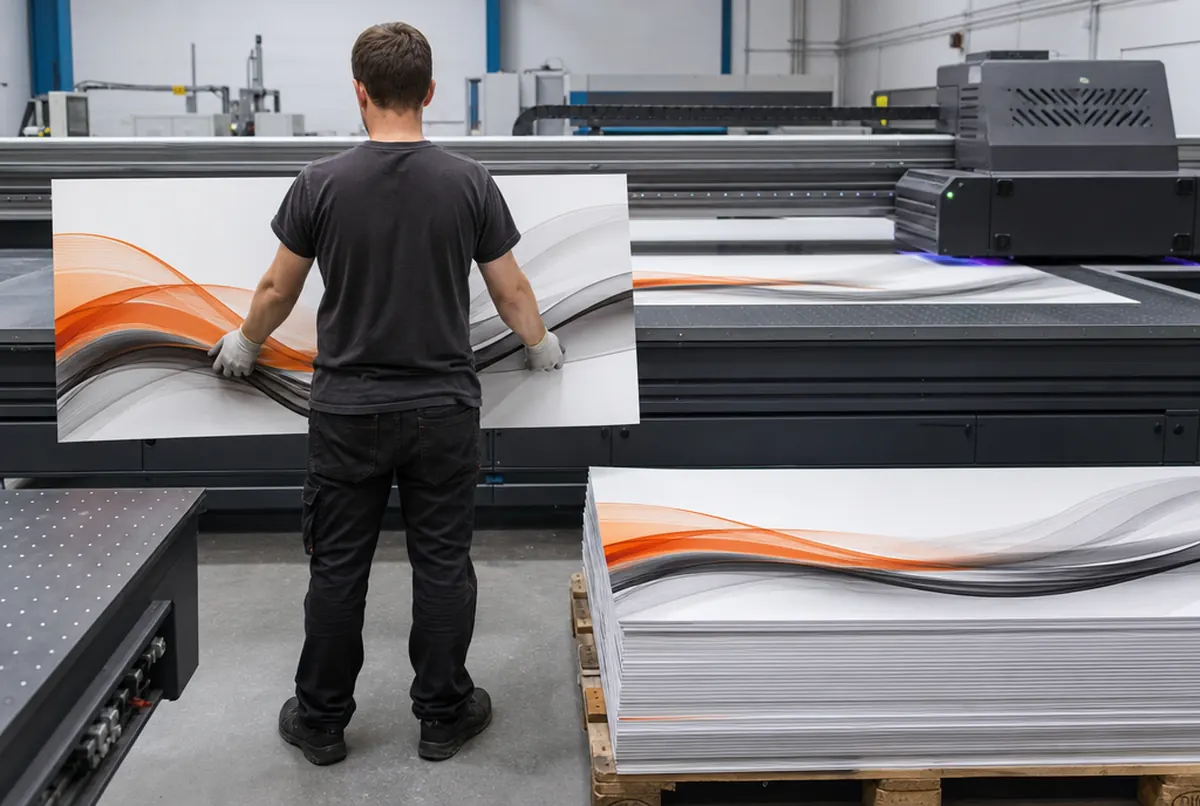 Ein UV-Drucker druckt orange-grafitgraue Wellen auf Verbundplatten, ein Mitarbeiter hebt ein fertiges Paneel ab