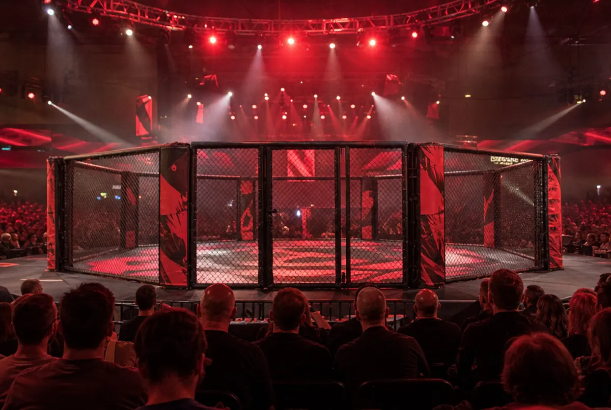 Octagon cage seen from ringside seats: red and black printed mat and post padding under red stage lighting