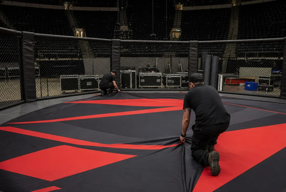 Crew stretching a new red and black printed mat inside the octagon in an empty arena before the gala