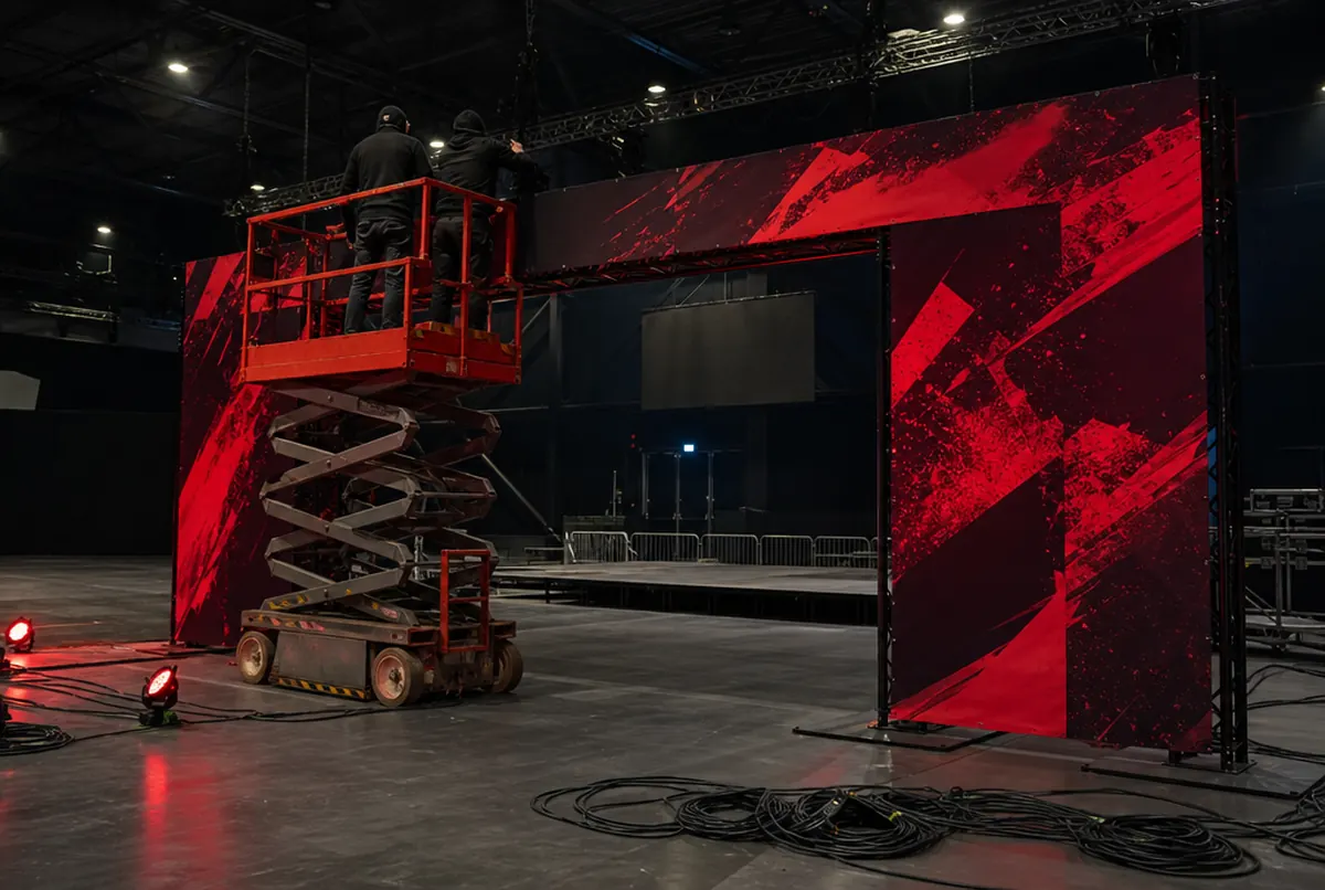 Empty hall before the gala: riggers on a lift fit red and black printed textile panels onto a truss entrance gate