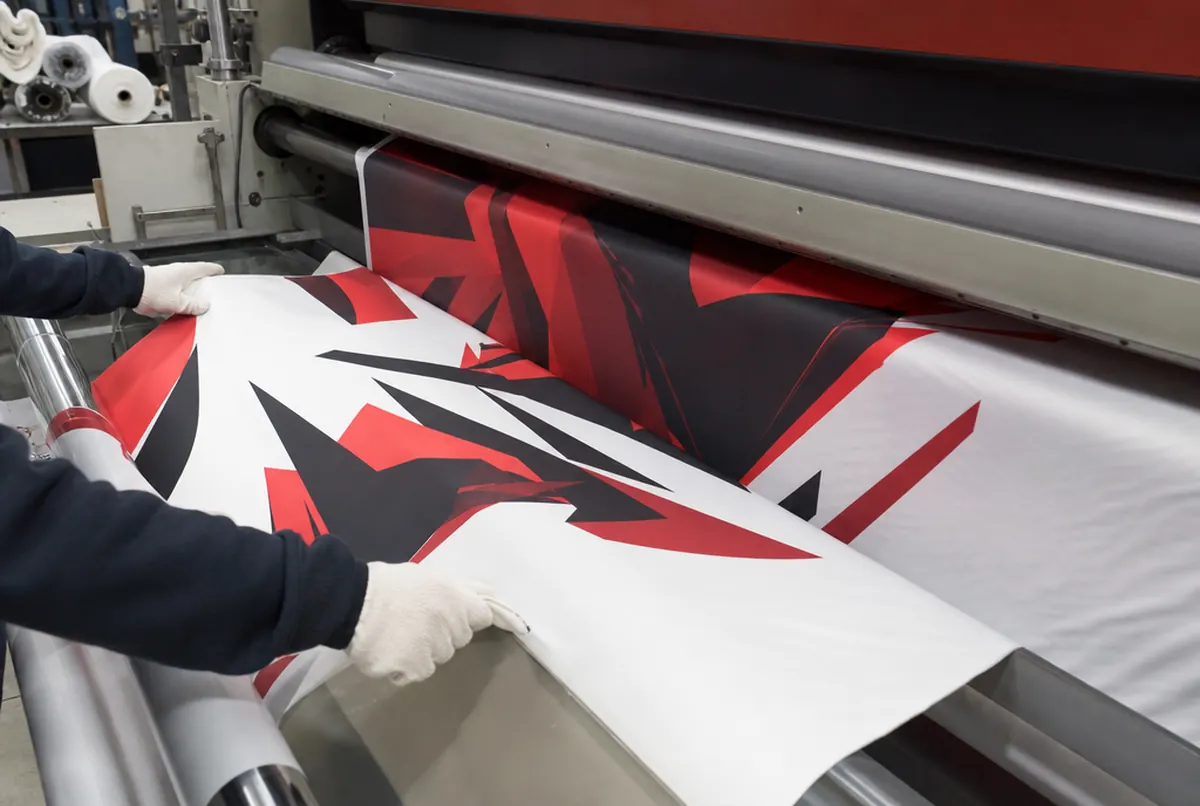 A dye-sublimation calender transfers a red and black angular pattern onto white polyester, gloved hands guide it