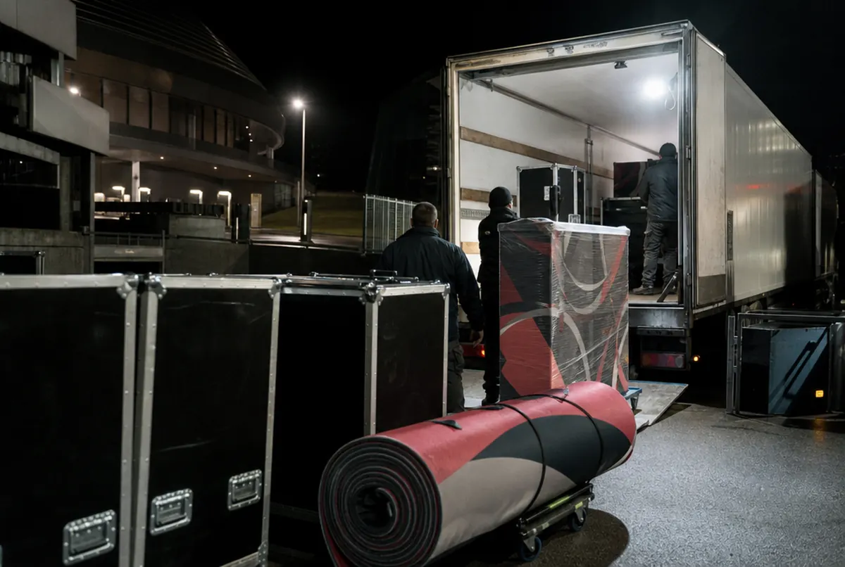 Night loading behind the arena: flight cases, a rolled red and black mat and wrapped panels going into a truck