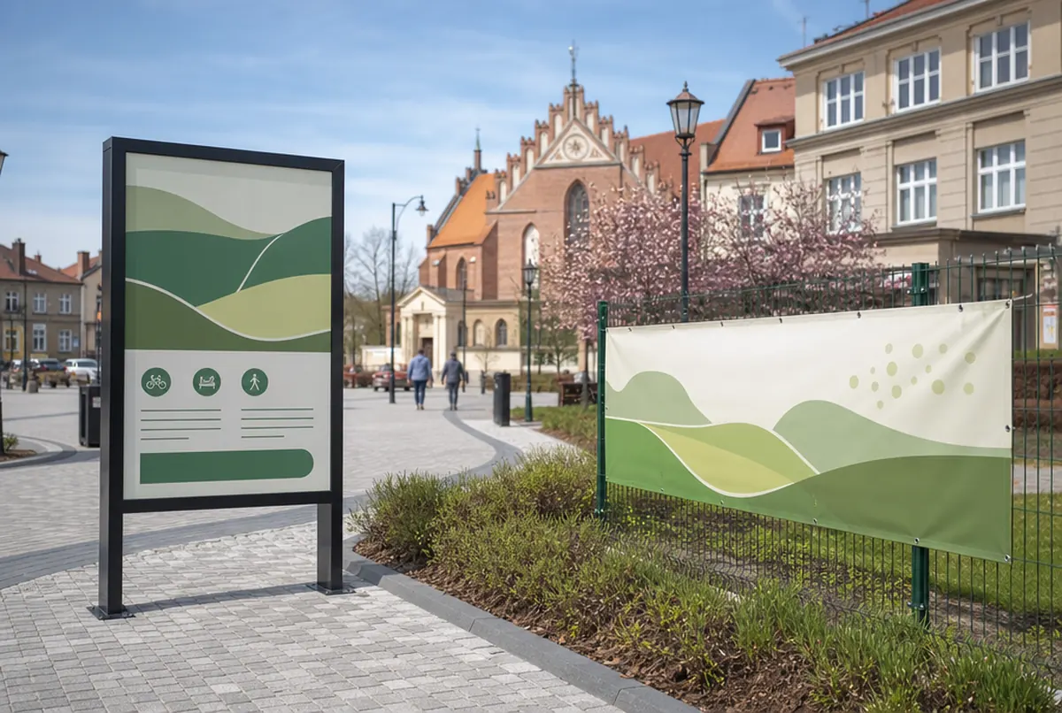 Marktplatz einer Kleinstadt: neue Infotafel und Zaunbanner mit grüner Hügellandschaftsgrafik
