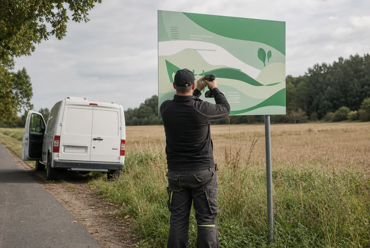 Monteur schraubt eine Verbundplattentafel mit grüner Landschaftsgrafik an Pfosten an einer Landstraße