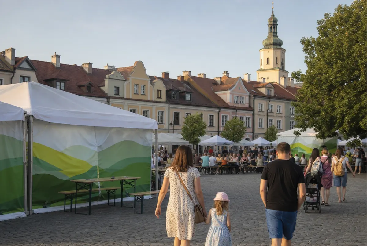 Stadtfest auf einem kleinen Marktplatz: weiße Zelte mit grünen Hügelmotiv-Wänden, Tische und Bürgerhäuser