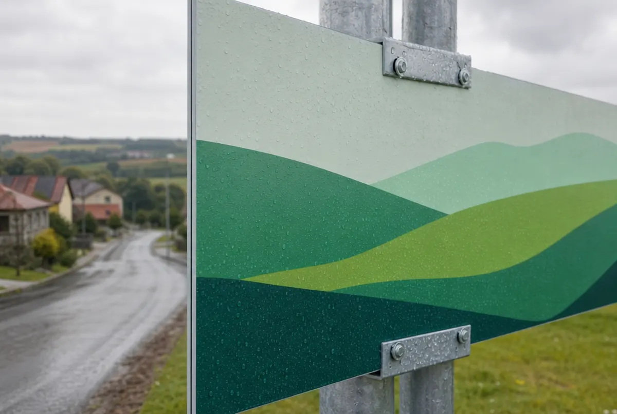 Nahaufnahme eines Verbundschildes mit grüner Hügelgrafik an verzinkten Pfosten, Regentropfen und Dorfstraße