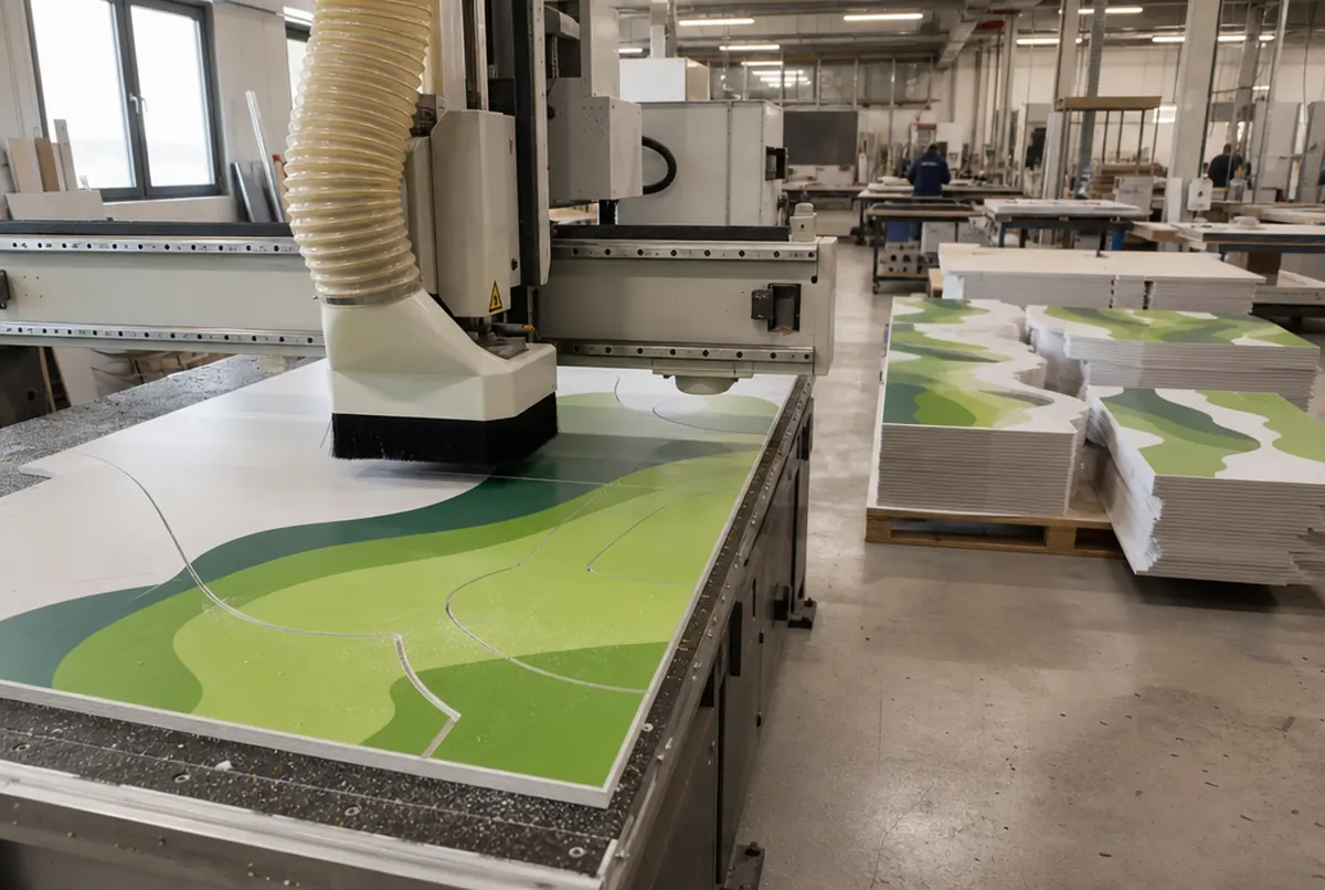 Eine CNC-Fräse schneidet Formschilder aus Verbundplatten mit grünem Hügeldruck, daneben fertige Paneele