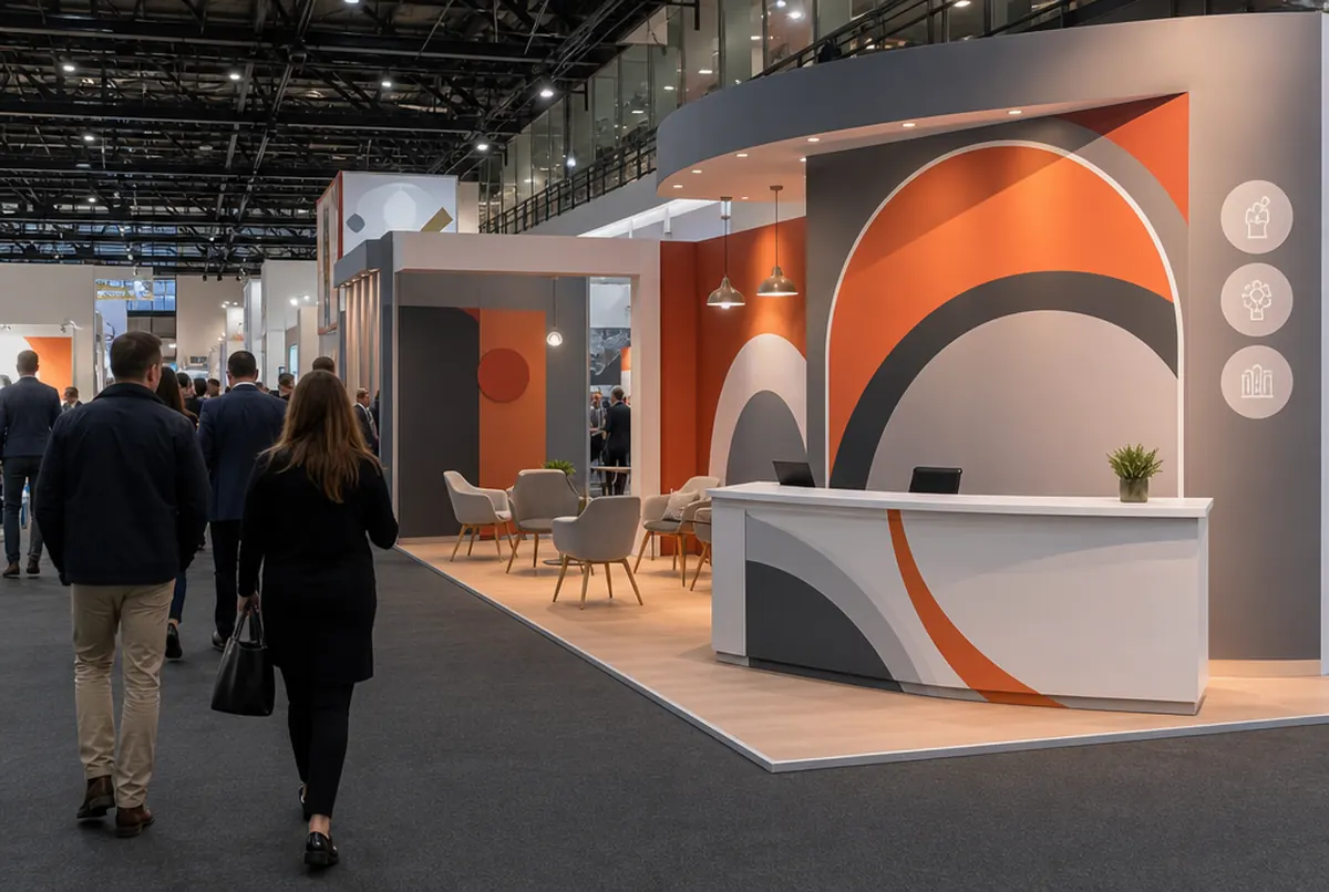 Messestand mit großer gebogener orange-grauer Wand, weißer Empfangstheke und Lounge-Bereich