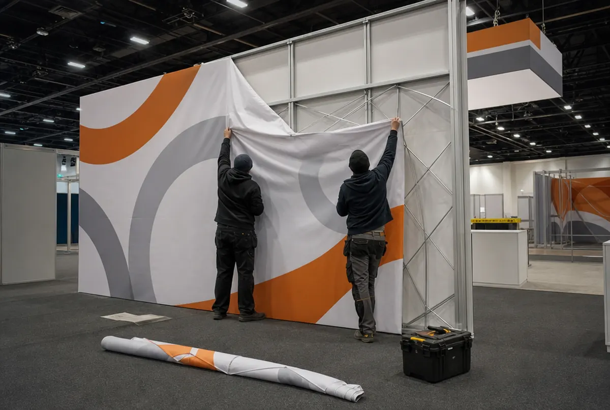 Standaufbau: zwei Monteure ziehen eine orange-graue Spannstoffgrafik in einen Aluminiumrahmen ein