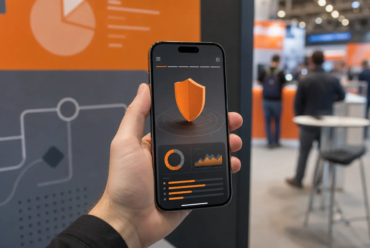 Ein Smartphone an einer orangefarbenen Messewand zeigt eine interaktive Web-App mit 3D-Element