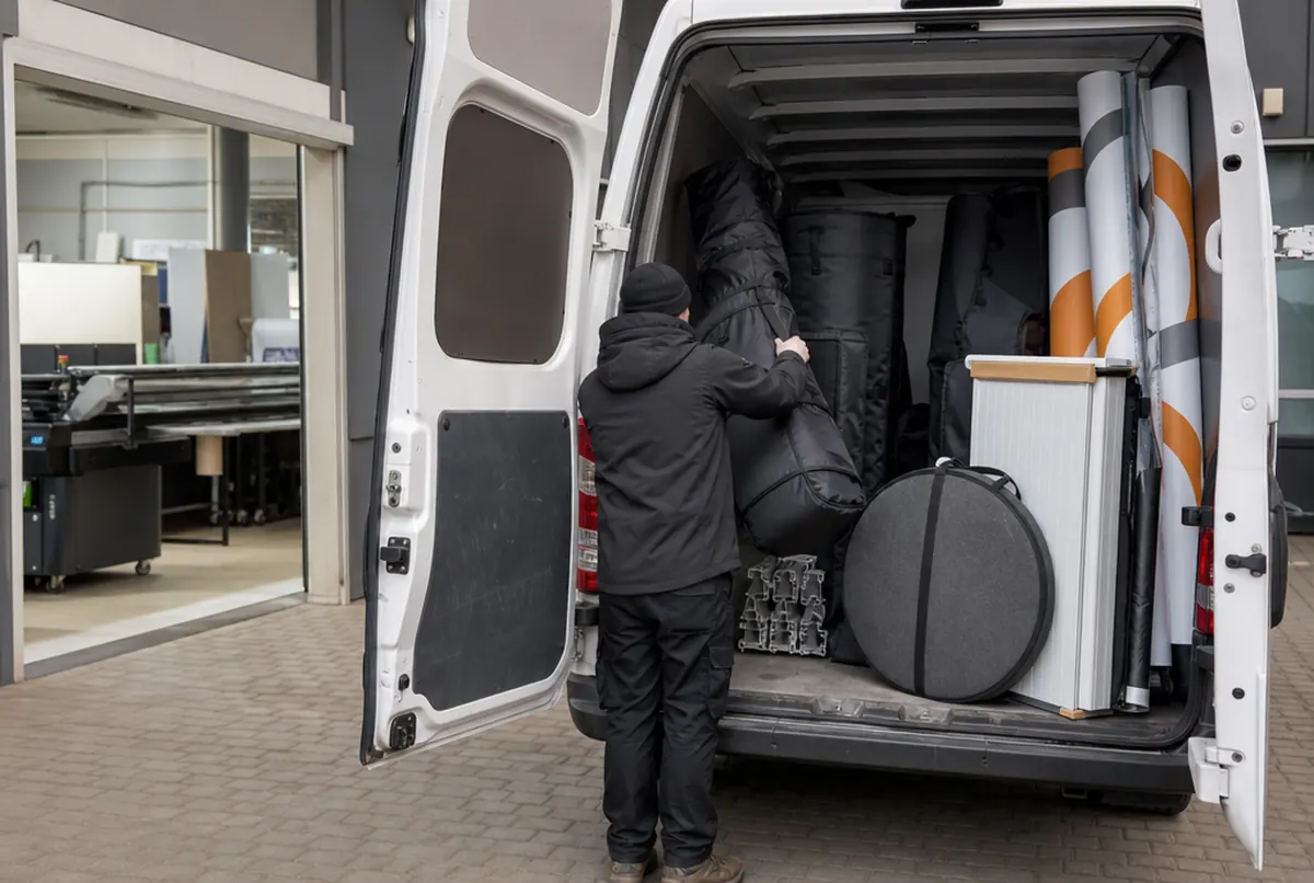 Verladen eines Messestands in einen Transporter: Taschen mit Profilen, gerollte orange-graue Stoffe und Koffer