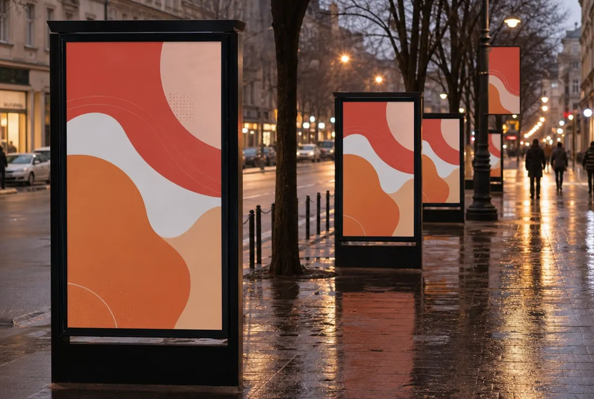 City street at dusk: a row of poster stands with identical posters in coral and orange abstract shapes