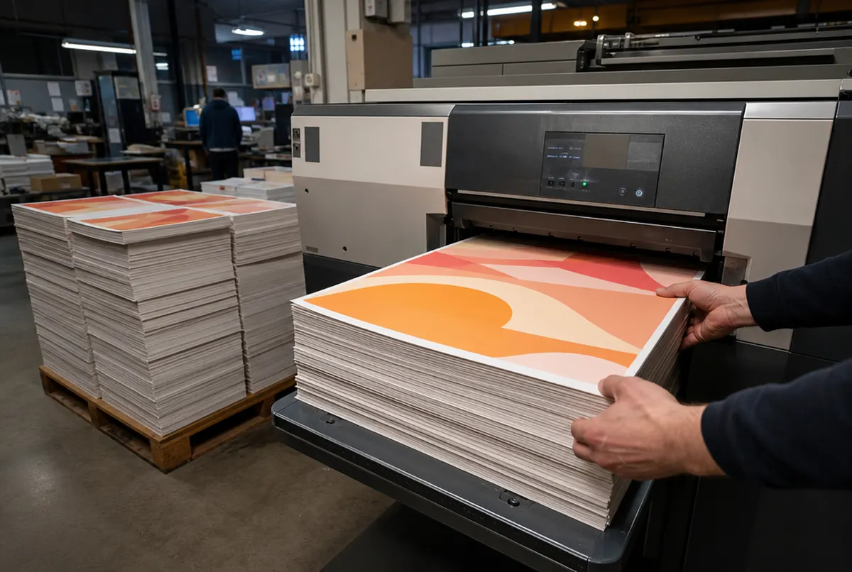 Digital press delivering a tall stack of freshly printed posters, hands squaring the run on the delivery tray