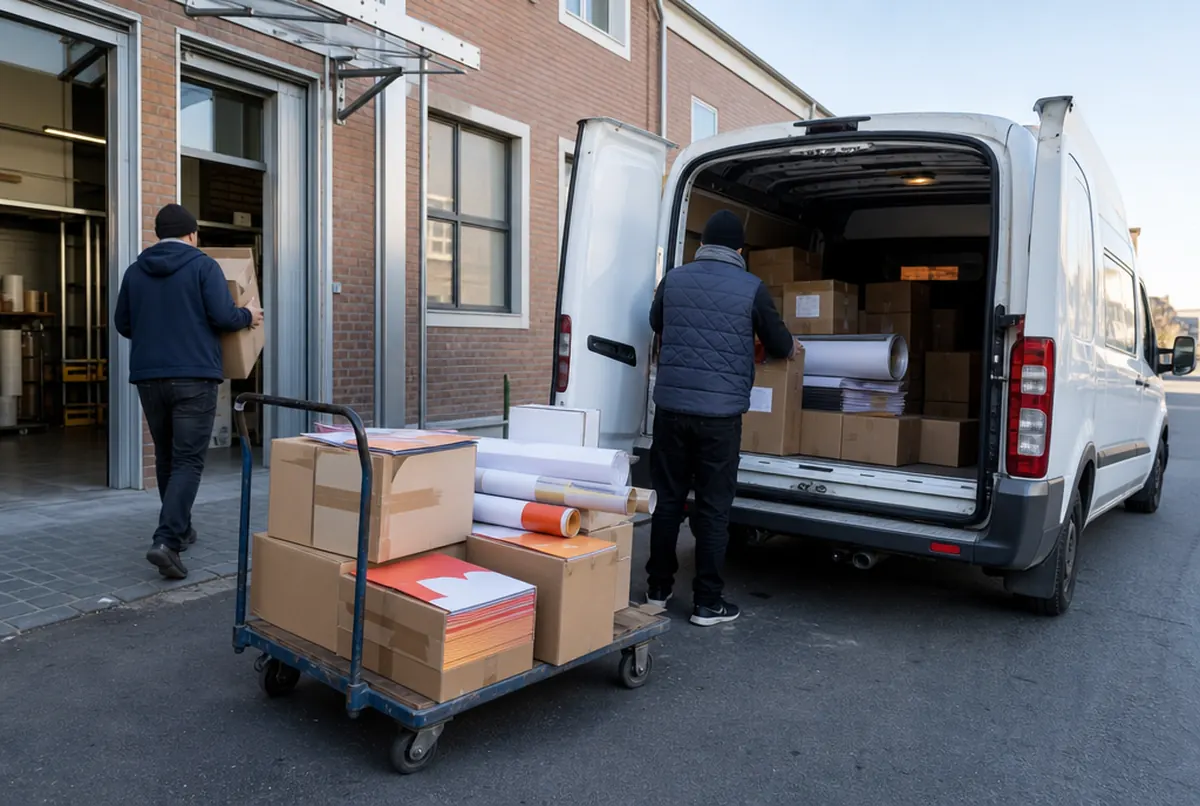 Loading boxes of leaflets, rolled banners and posters into a white van in front of the print shop