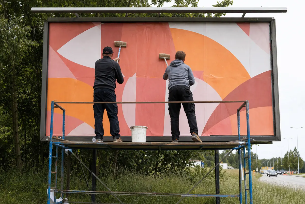 A crew on scaffolding pastes poster sheets in coral and orange shapes onto a roadside billboard with brushes