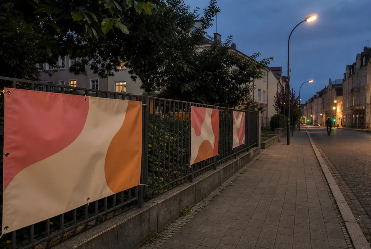 Small-town street in the evening: PVC banners in coral and orange shapes tied to the fence along the pavement