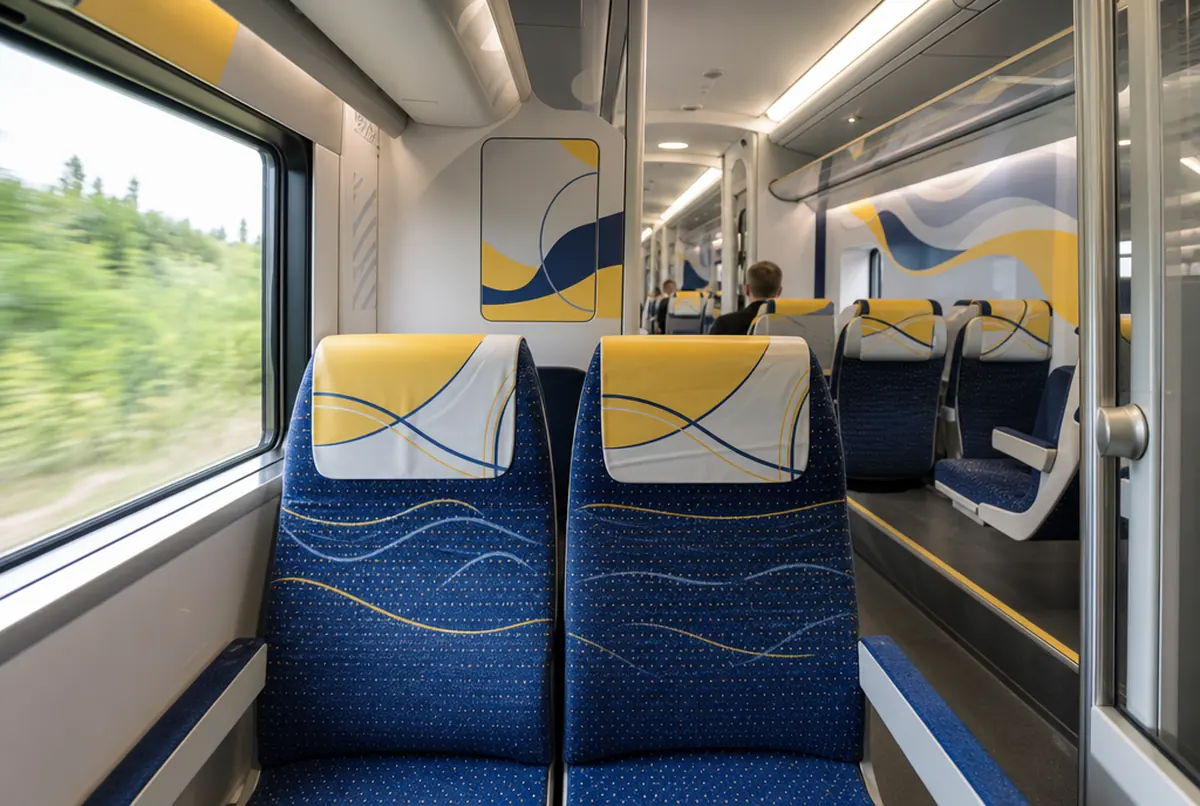 Regional train interior: headrest covers and wall panels decorated with yellow and blue wave graphics