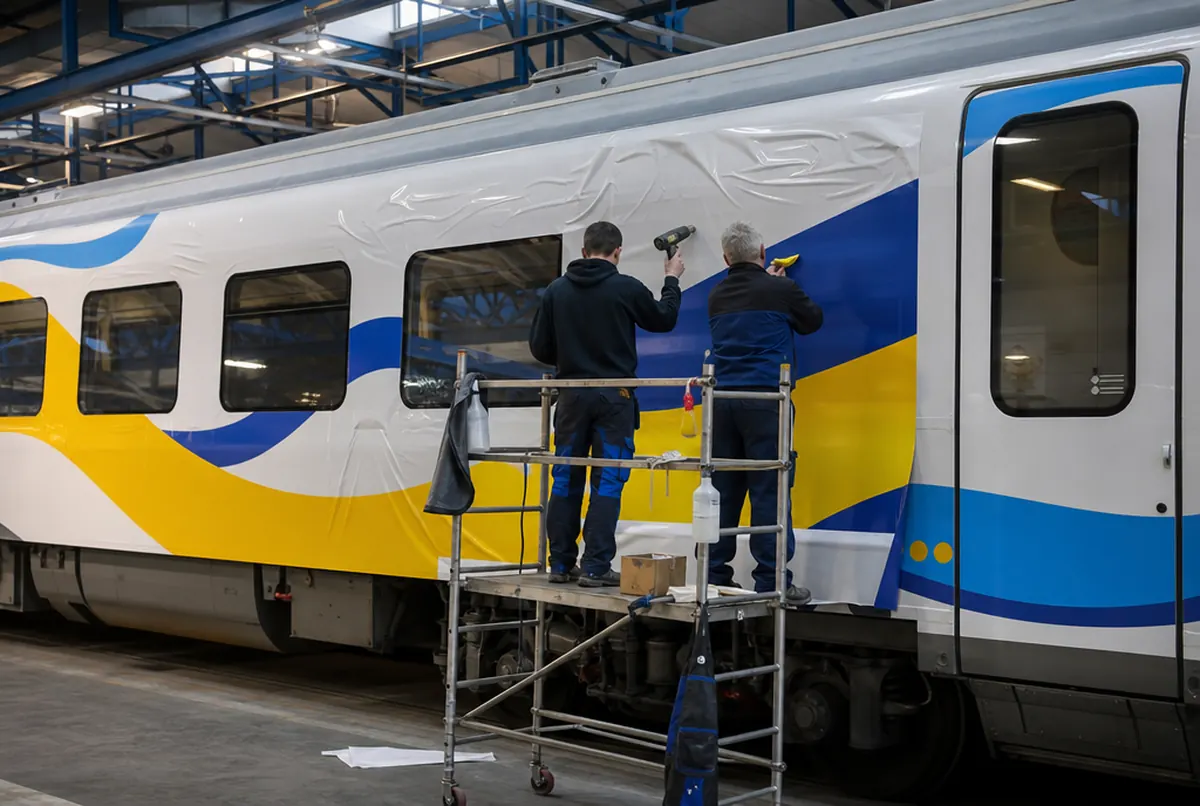 Train depot: two technicians wrapping the side of a passenger car with yellow and blue wave printed vinyl