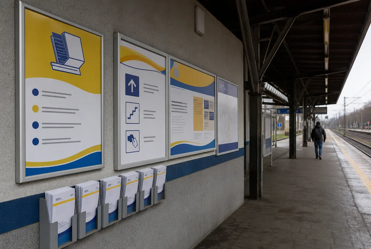 Platform shelter: yellow and blue information panels with wayfinding pictograms and a leaflet holder