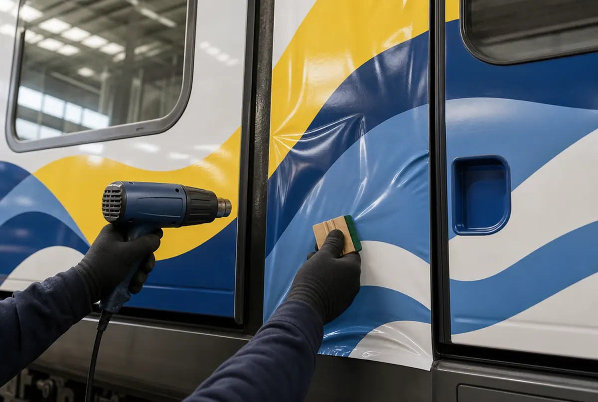 Hands with a heat gun and squeegee fit printed wrap film in yellow and blue waves around a train door