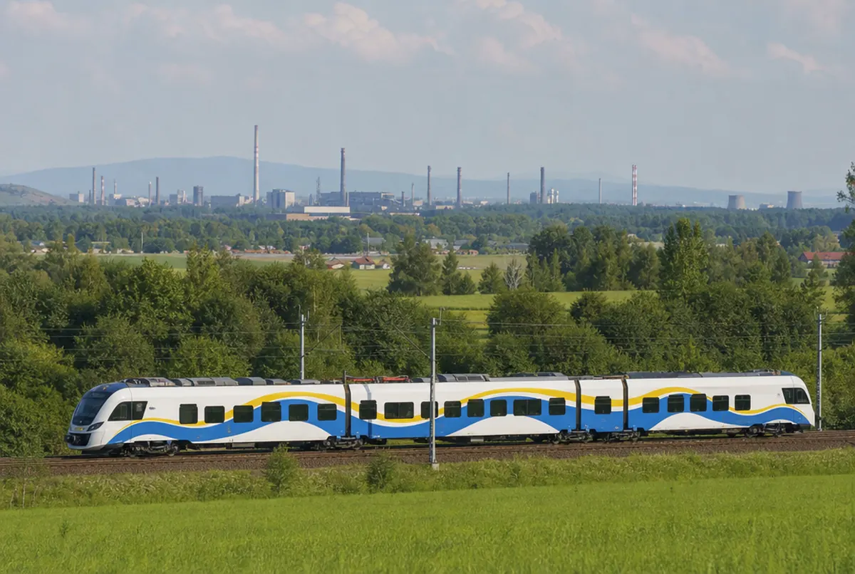 A regional train in yellow and blue wave livery runs through green countryside with an industrial town behind