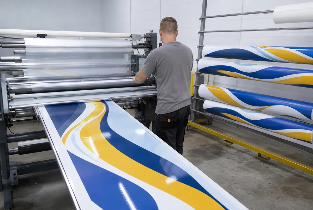 A cold laminator applies protective film to long wrap panels in yellow and blue waves, film rolls on a rack