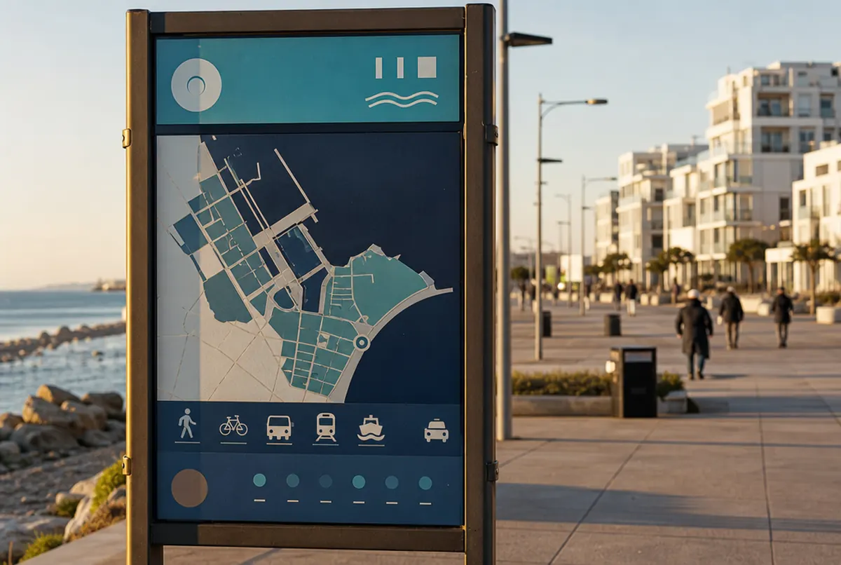 Infotafel mit türkis-dunkelblauer Kartengrafik an einer Strandpromenade, dahinter Meer und weiße Gebäude