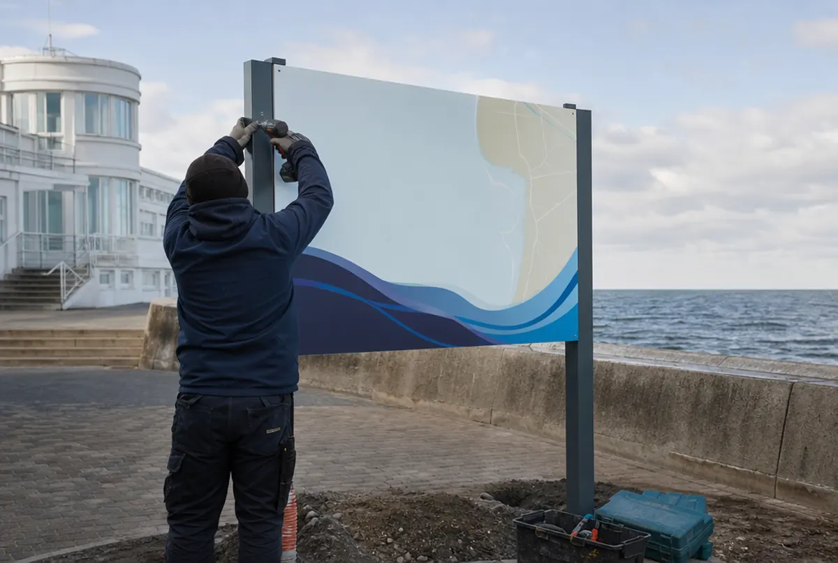 Montage an der Strandpromenade: ein Monteur verschraubt eine Tafel mit Meereswellen-Grafik an Stahlpfosten