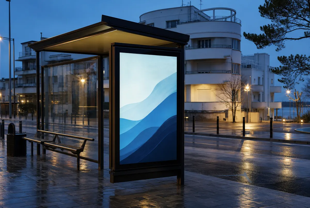 Abend in einer Küstenstadt: beleuchtetes City-Light-Plakat an einem Wartehäuschen mit blau-navy Wellengrafik