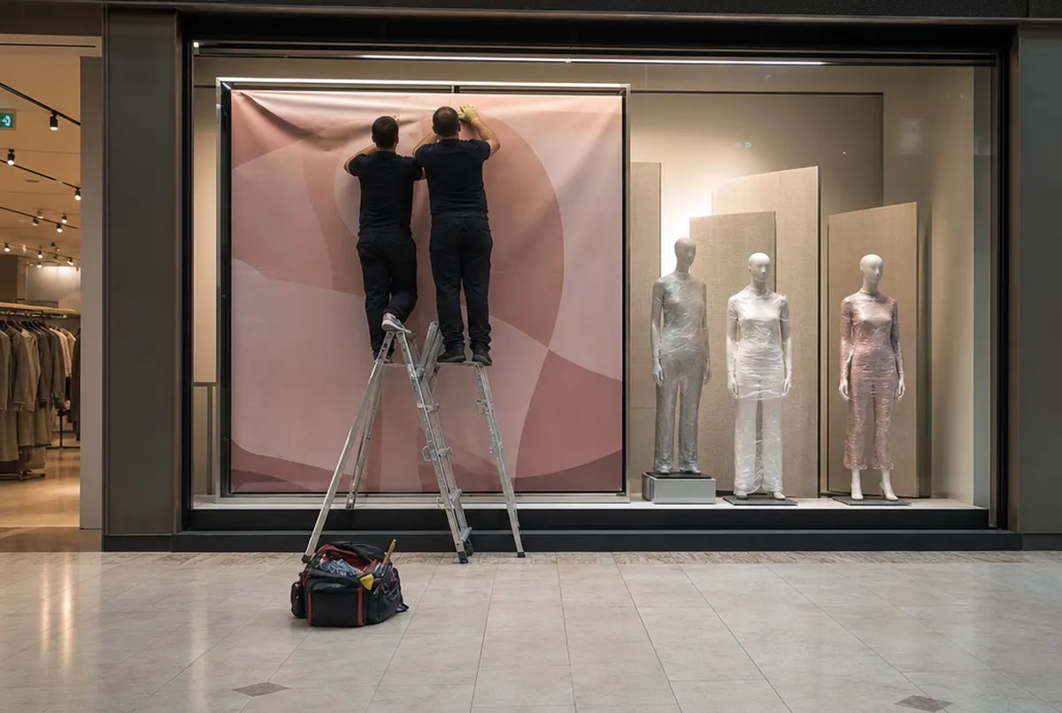 Nachtmontage im Einkaufszentrum: zwei Monteure setzen eine rosa Textilgrafik in einen Schaufensterrahmen