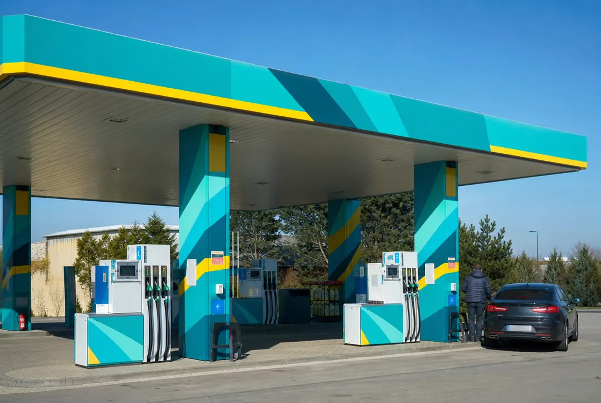 Tankstelle bei Tag: Dachblende und Zapfsäulenverkleidung mit türkis-gelben Diagonalstreifen